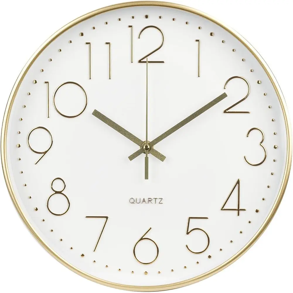 12 Inch Silent Round Gold Dial Quartz Wall Clock for Home, Office, School, Living Room, Bedroom, Kitchen