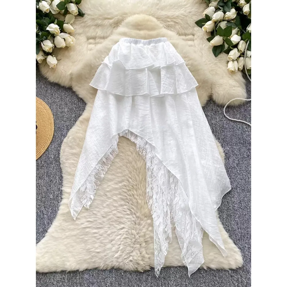 

Chic Vintage Elegant asymmetrical lace High Waist Straight Skirt Korean Streetwear High Street Autumn Clothing