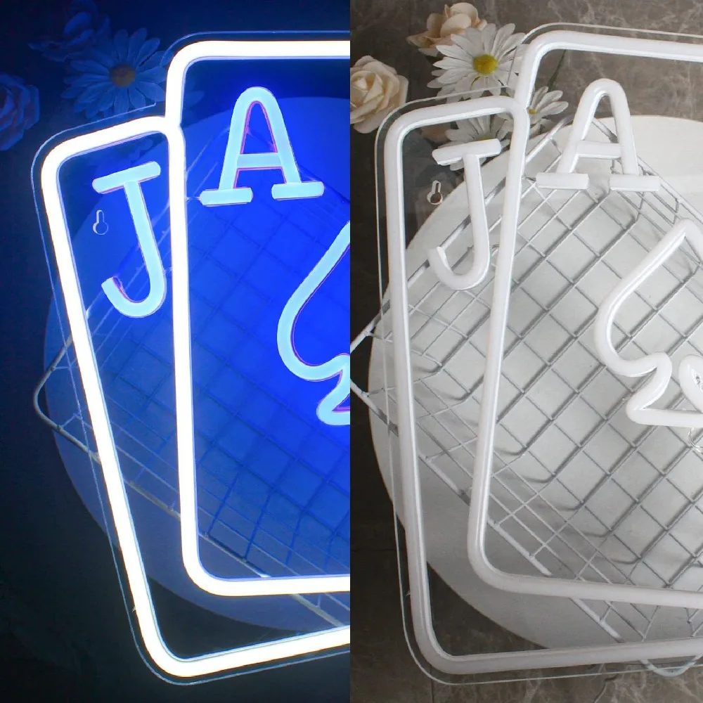 Poker Neon Signs USB Powered Playing Cards LED Neon Signs Acrylic Blue White Illumination Neon Light Up Sign Play Room