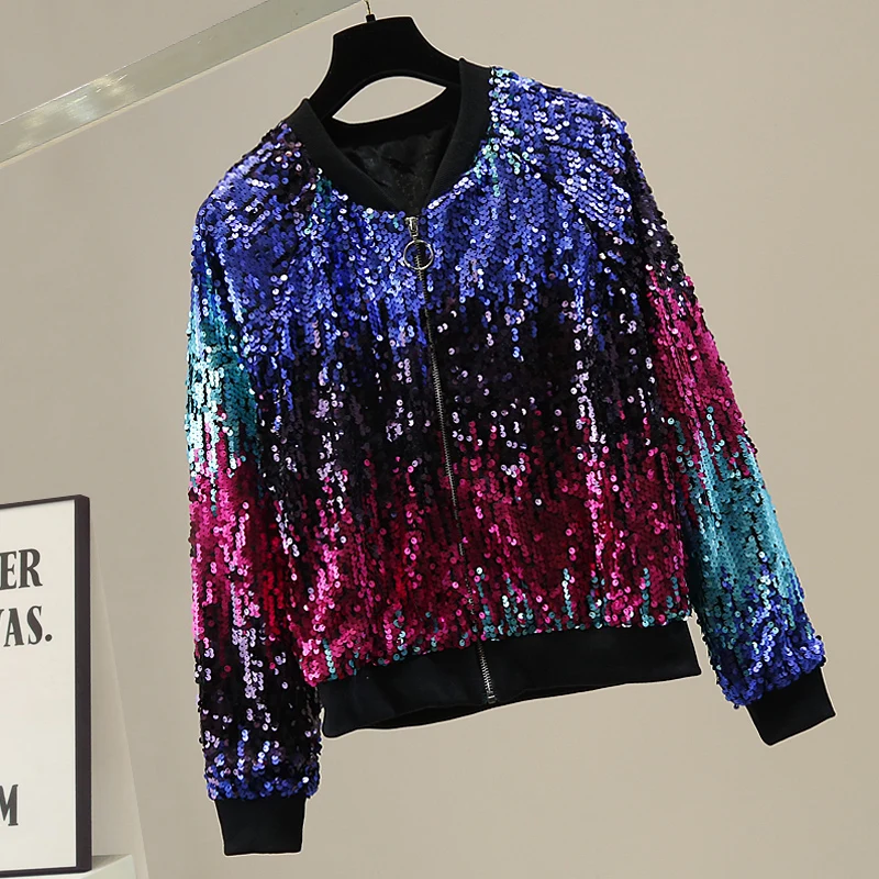 Sequins Jacket Women Coat Streetwear Colorful Bling Shiny Club Stage Punk Style Basic Rainbow Bomber Jackets Zipper Outwear