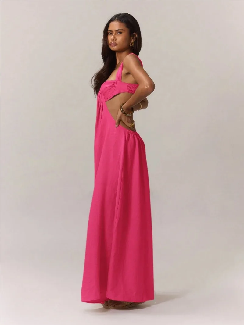 KEXU Jumpsuit Kaki Lebar Pinggang Potongan Punggung Terbuka Wanita 2025 Pakaian Bermain Tanpa Lengan Seksi Pesta Liburan Pantai Musim Panas Overall Satu Potong