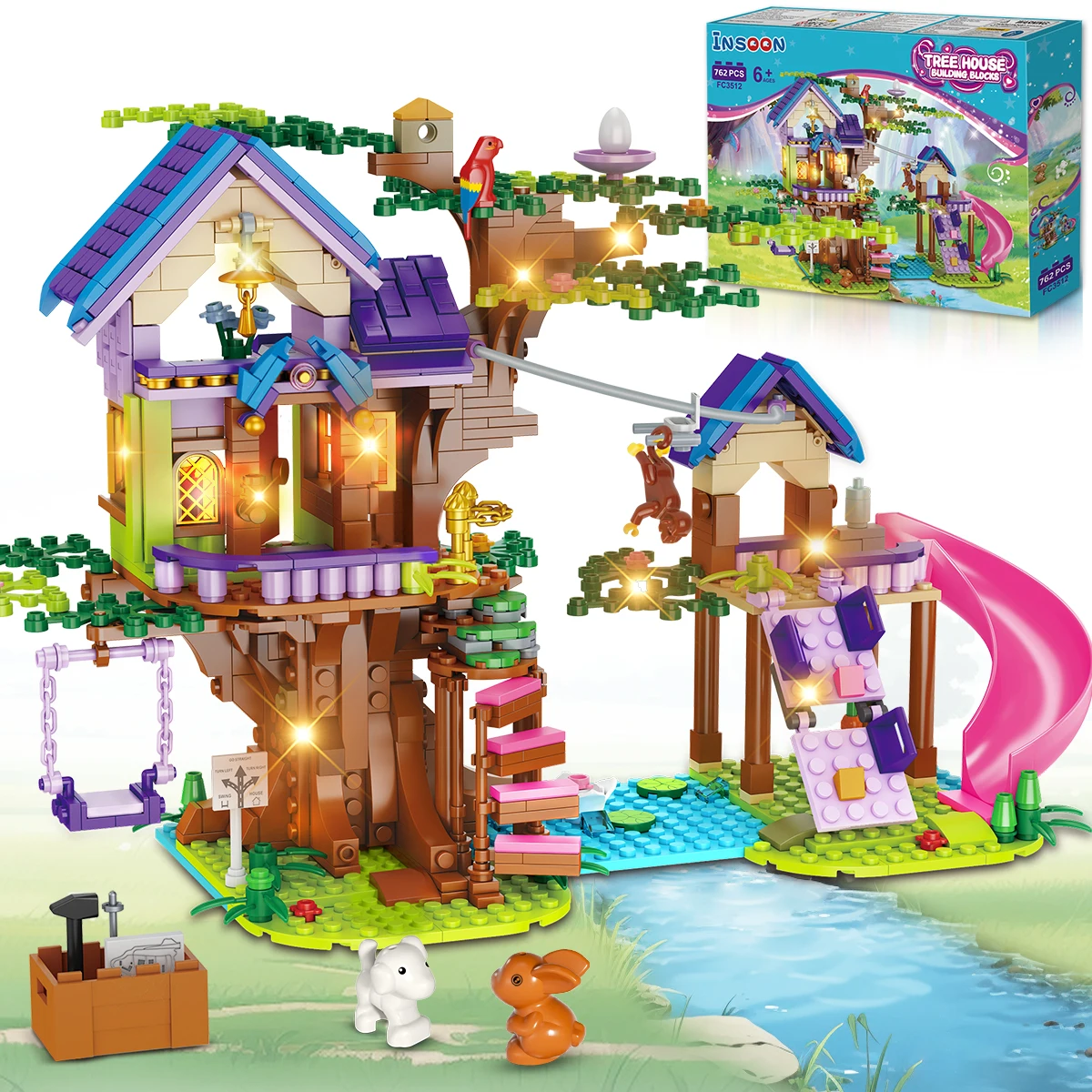 Ensemble de construction de cabane dans les arbres avec LED, jouet de bateau de chia, kit de nuits de construction de maison forestière, cadeau pour les enfants de 6 ans et plus