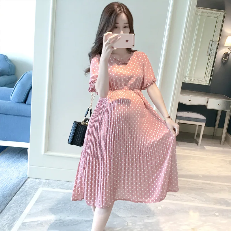 

Pregnant Women Summer Dress Petal Collar Sweet Bubble Sleeve Temperament High Waist Maternity Gown Peter Pan Casual