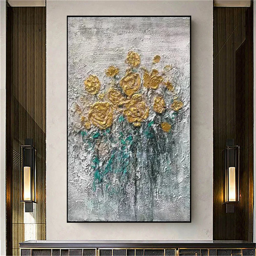 

100% Hand-Painted Modern Abstract Golden Flower Landscape Oil Painting On Canvas Mural For Room Decor Art Gold Foil Picture Trim