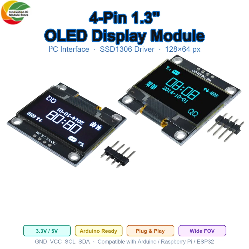 I2C OLED Display 1.3 Inch – 3 Stuks, SSH1106, 128x64 Pixels, Wit, 3-5V, Voor Arduino, Raspberry Pi, STM32, I2C-interface, Lage Stroom, 160° Kijkhoek