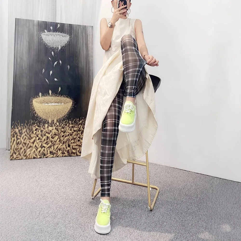 Retro Plaid Printed Women's Mesh Leggings Summer Thin Sheer Single-Layer High-Elasticity Hottie Sexy Tight Cropped Pants