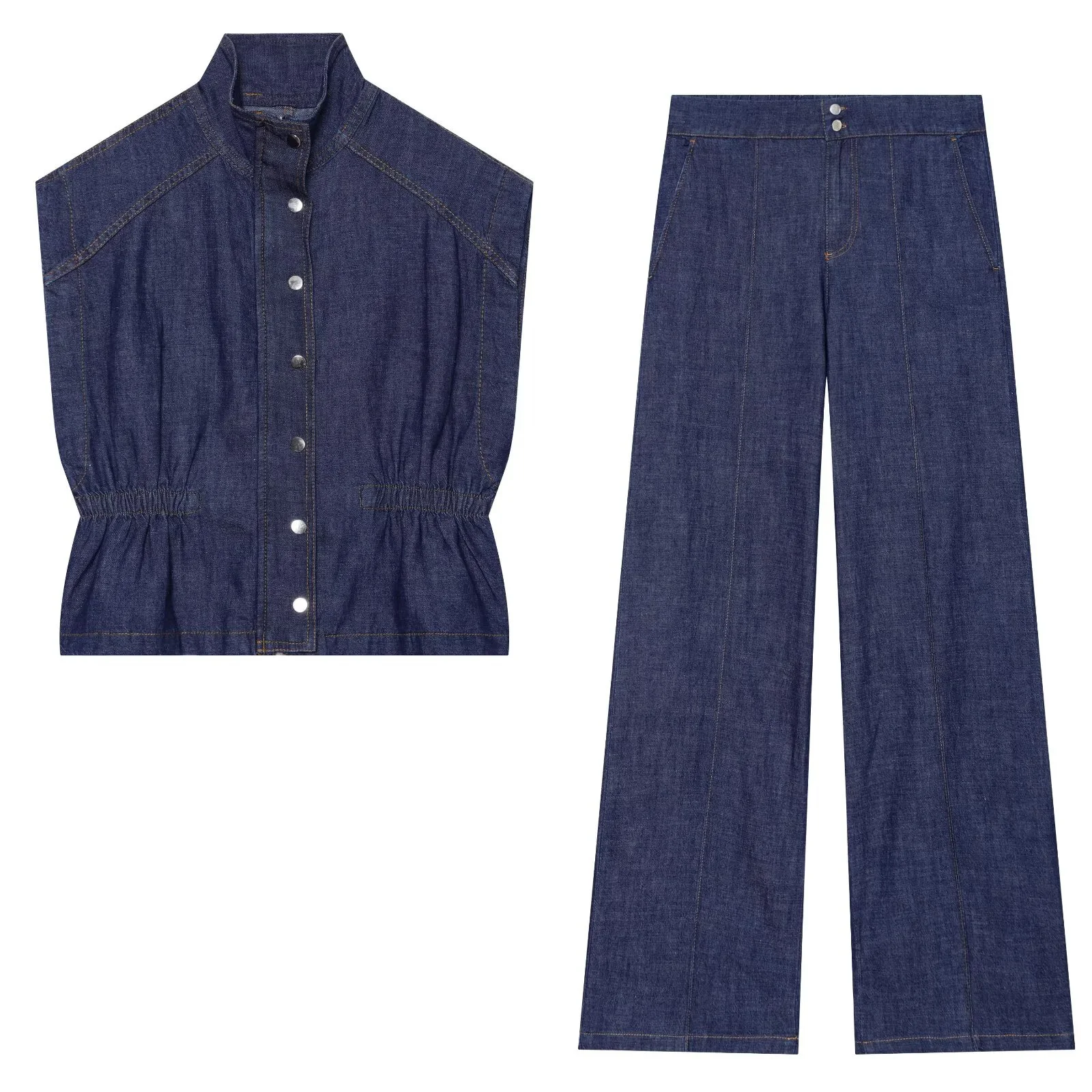

Summer Women's Suit Sleeveless Denim Vest Top High Waist Wide Leg Pants 2026 New Fashion Sleeveless Vest Pants 2-piece Set