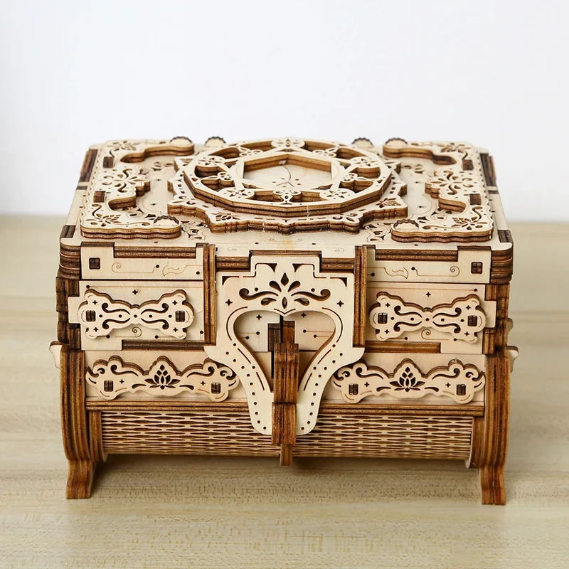 3D Wooden Puzzle Antique Treasure Box Dressing Case Wood DIY Assembly Model Toys Creative Collection Gift for Lady Girls