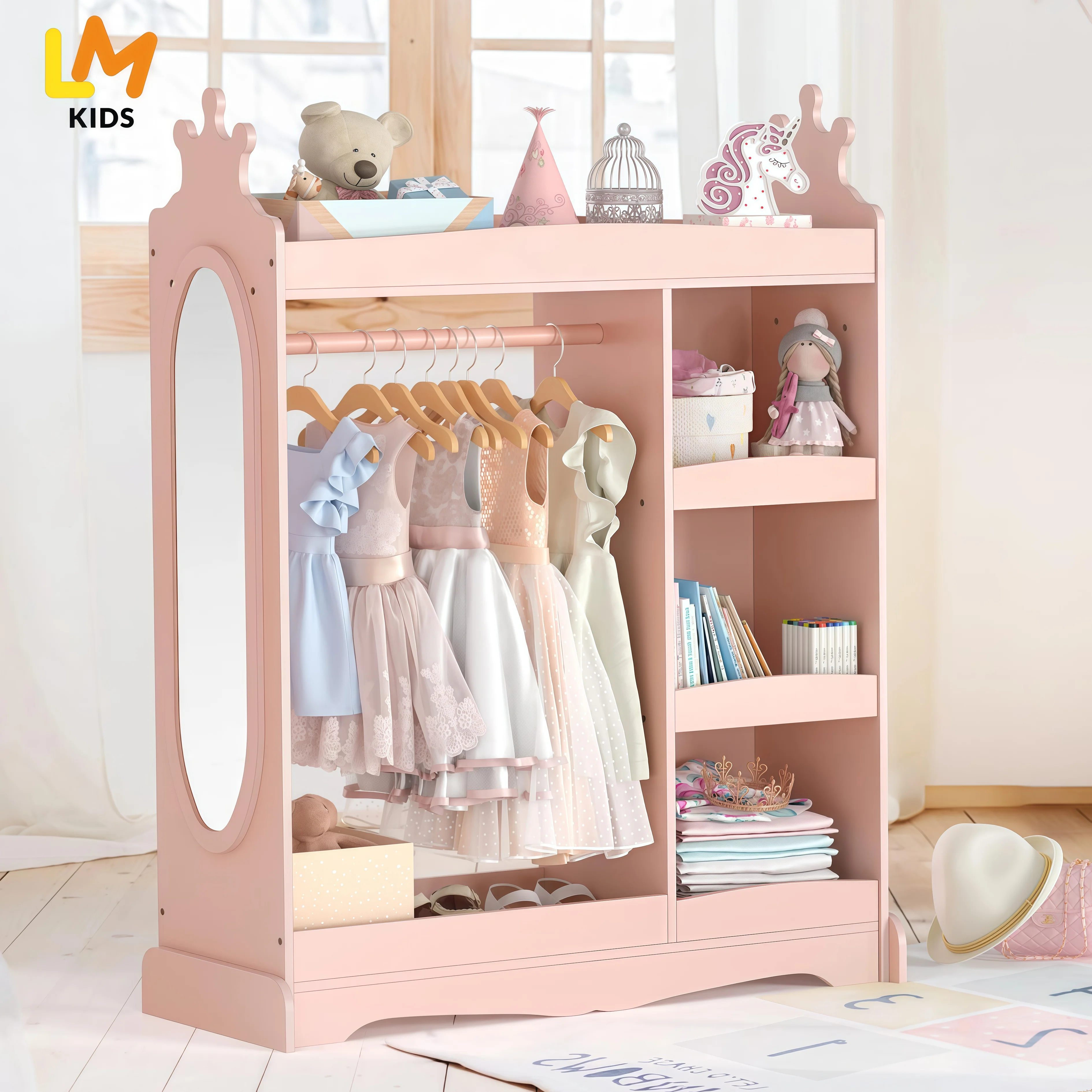Wooden Montessori Pink Kids Girl Small Size Kids Clothes Wardrobe Nursery Room Storage Organiser Cabinet with More Shelf
