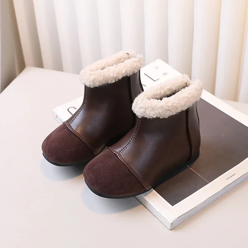 Girls Ankle Boots Fashion Versatile Kids Short Boots Pu Leather Round Toe 2024 Brand New Girls Snow Boots Warm 21-30 Non-Slip