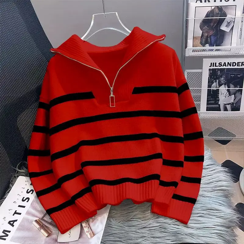 Sweter w paski swetry damskie luźne, jesienne zimowy zamek błyskawiczny casualowe miękkie Harajuku, delikatne Sueter Mujer Classic ciepło,