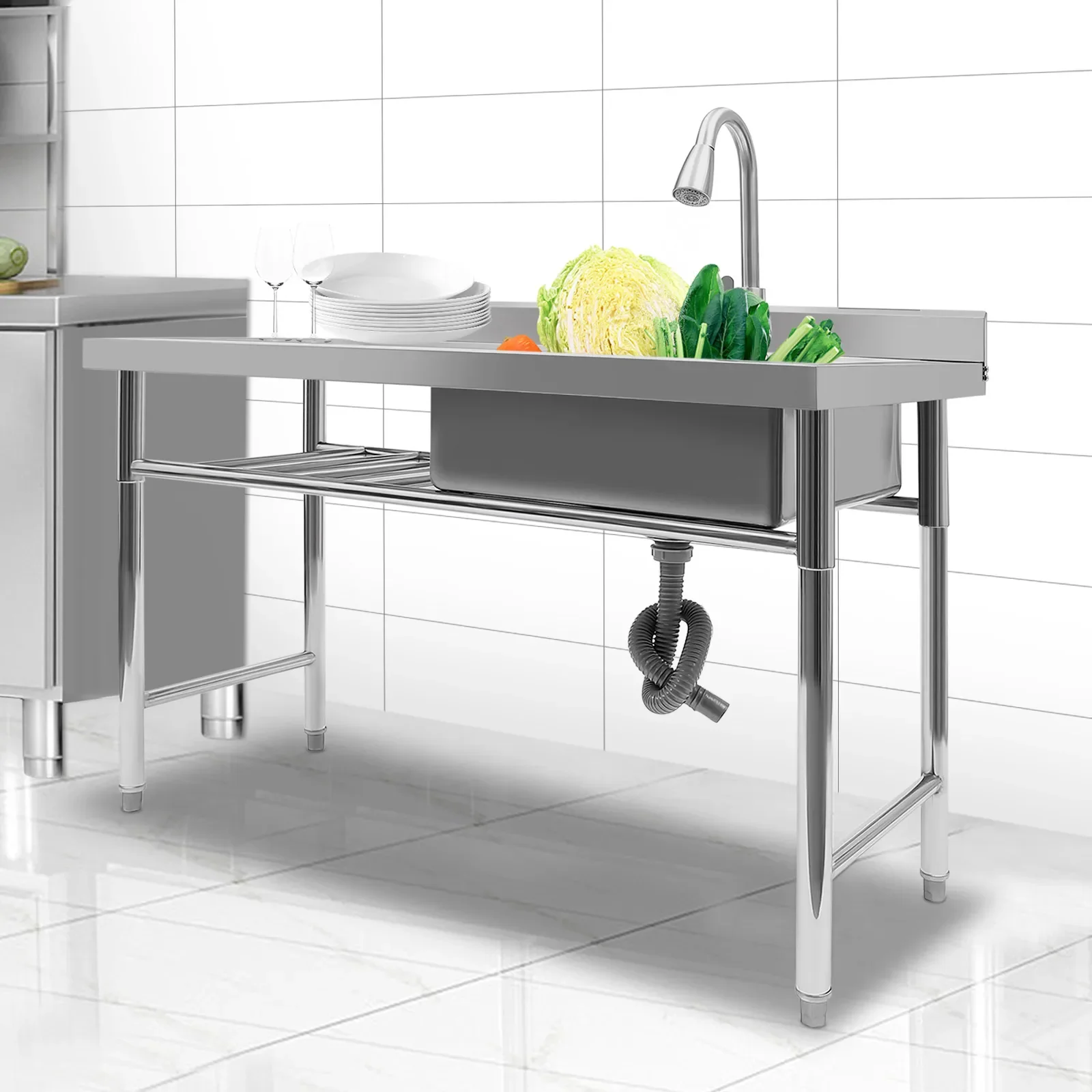 1 Compartment Stainless Steel Commercial Kitchen Sink Restaurant Utility Sink Dish Washing Pool w/ Standing Rack