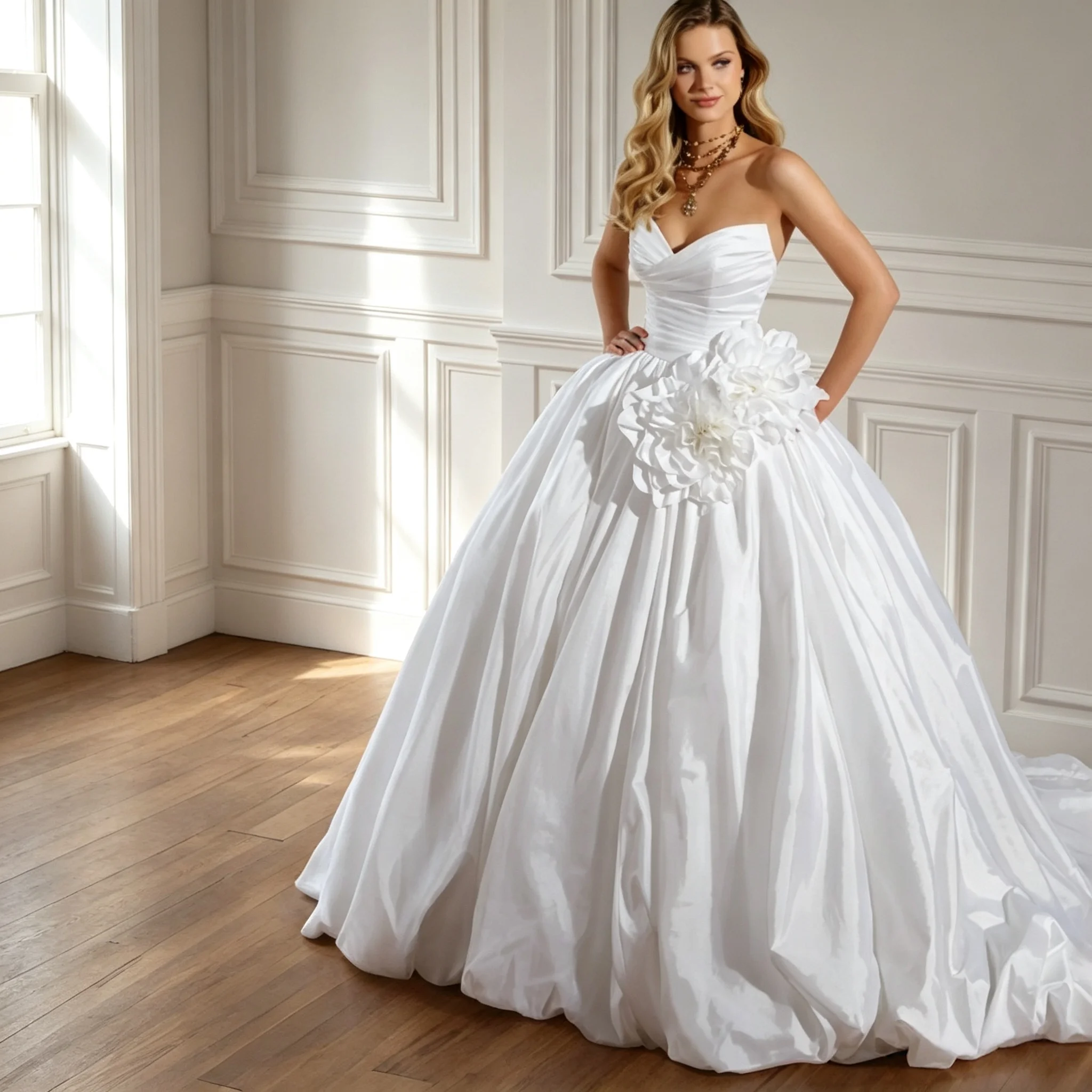 Oversized 3D Flower Satin Ball Gown Wedding Dress Strapless Sweetheart Neck Ruched Bodice Chapel Train Customizable