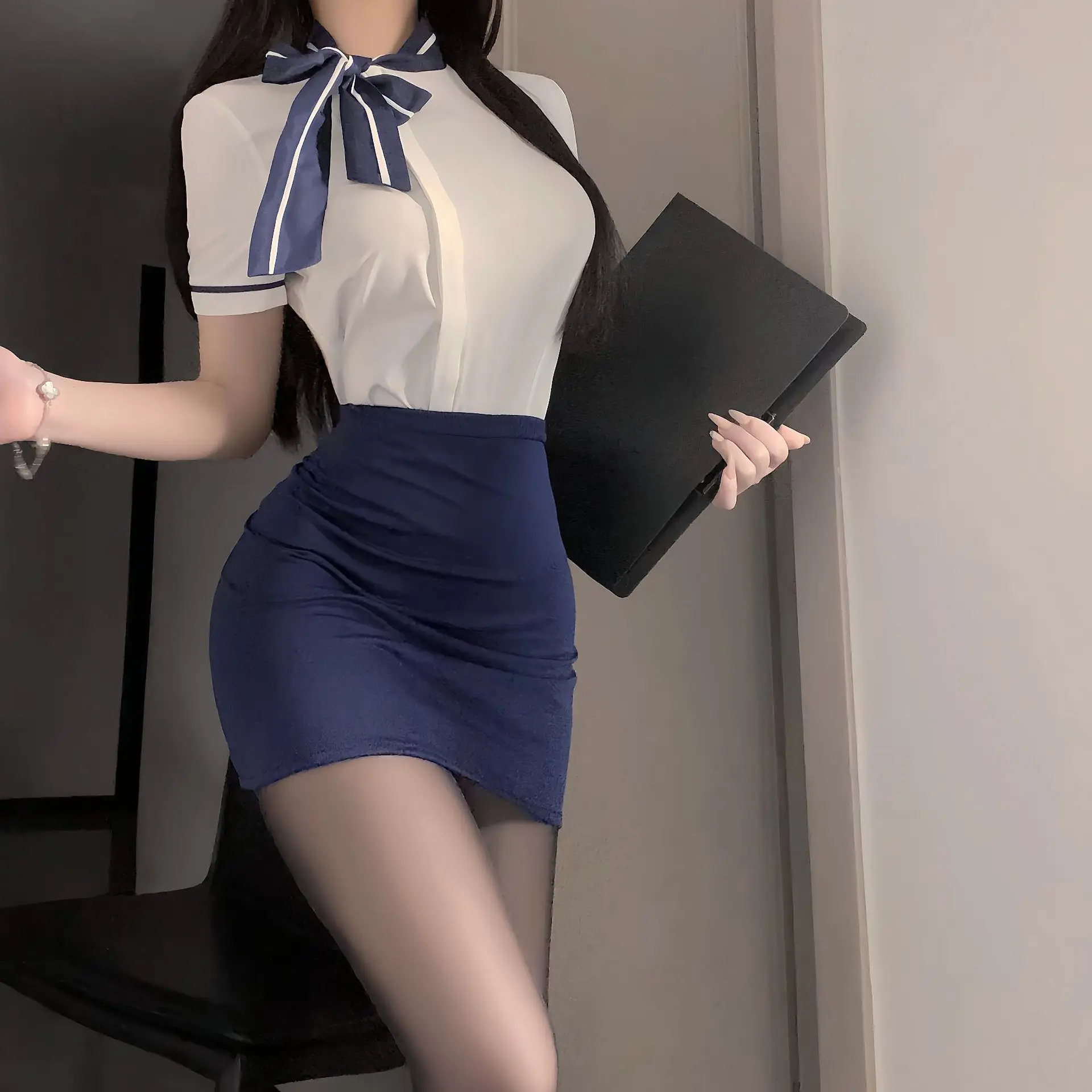

New Sexy Flight Attendant Secretary OL Sexy Pure Desire Style Secretary Bag Buttocks Two Piece Skirt Set Uniform Nightclub Dress