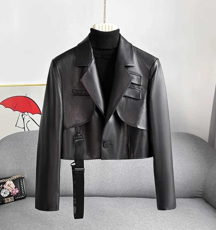 

Черная женская короткая куртка из натуральной кожи, повседневное пальто из овчины в гонконгском стиле, модная городская модель с длинными рукавами