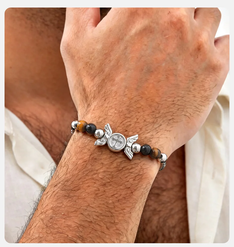 Vnox Kreuzflügel Tigerauge Schwarzer Onyx Perlenarmband für Männer und Jungen, Edelstahl-Kastenkette, Verstellbarer Religiöser Schmuck Geschenk – Detail 2