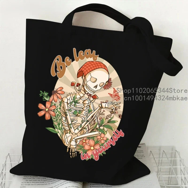 Crazy Plants Canvas Women Shoulder Bag Vintage Skeleton Floral Butterfly Shopping Bags Fashion Tote Bag Female Skull Handbags