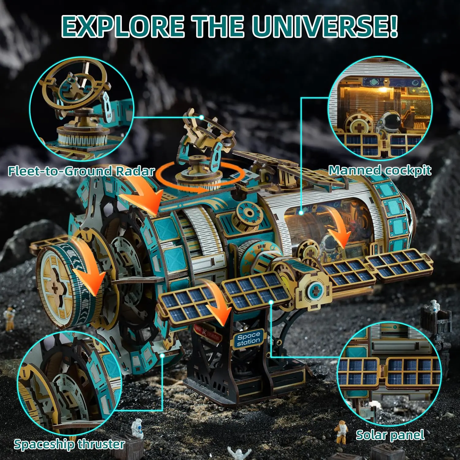 3D Wooden Puzzles Space Station Mechanical Model Kit with Lights & Music, DIY Miniature Building Toy for Birthday