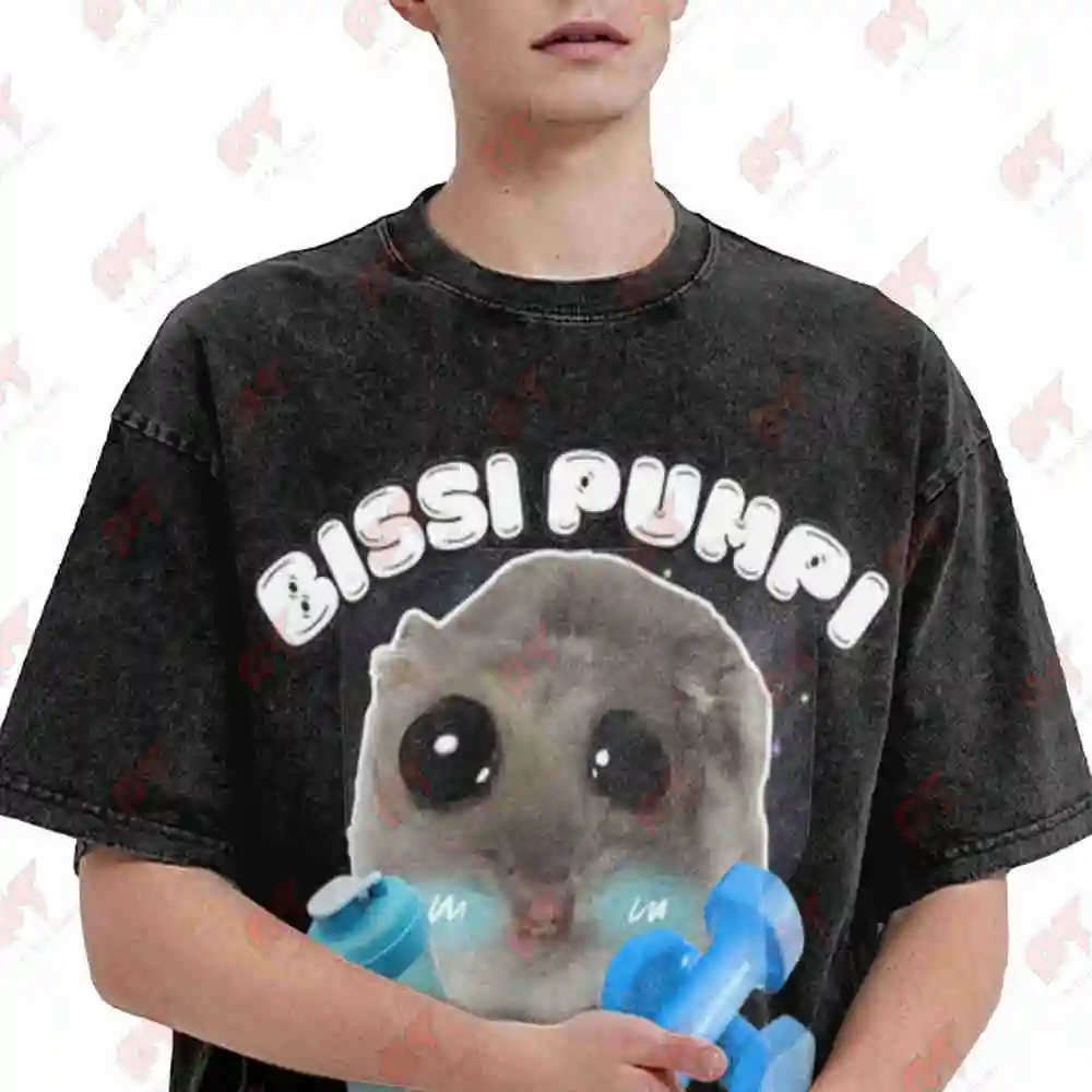 Bissi Pumpi Funny Sad Hamster Cute Vintage Washed Tee Pure Cotton T-Shirt