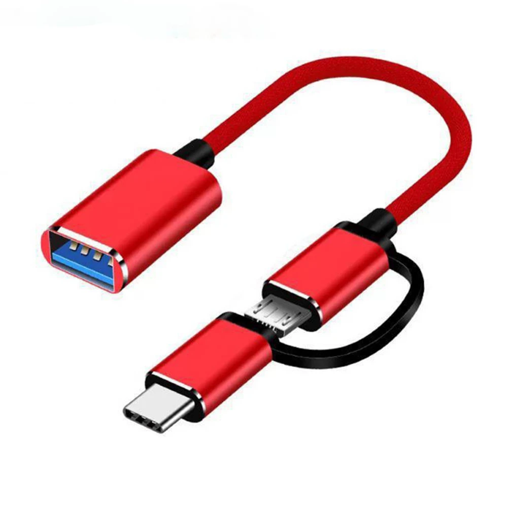 2 in 1 USB 3.0 OTG Adapter Cable Type-C Micro-USB to USB 3.0 Interface Converter for Cellphone Charging Cable Line-Red