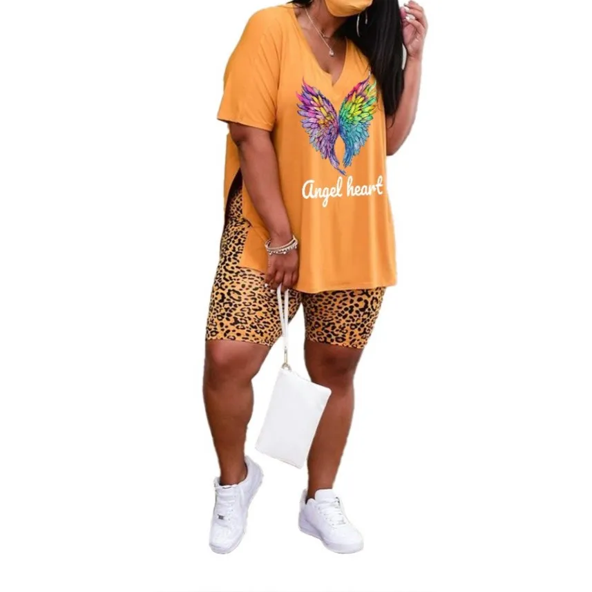 WSFEC XL-5XL Plus Size Women Clothing Two Piece Sets Short Sleeve Leopard Fashion Wing Pattern Summer Casual Female Outfits