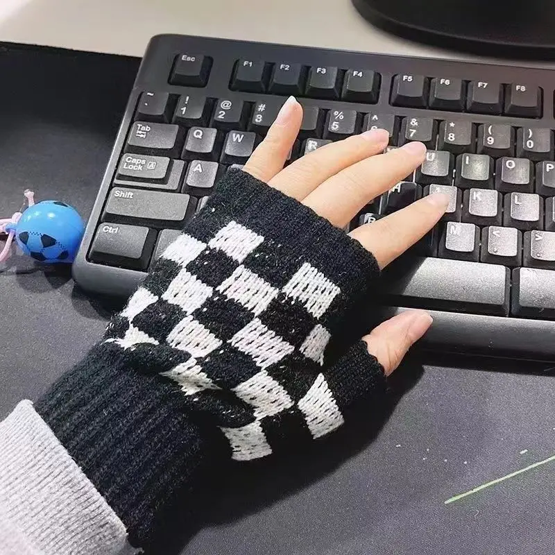 Checkerboard Fingerless Gloves for Women Office Typing Warm Student Y2k Hand Warmers Winter Autumn Campus Daily Outfit Gloves