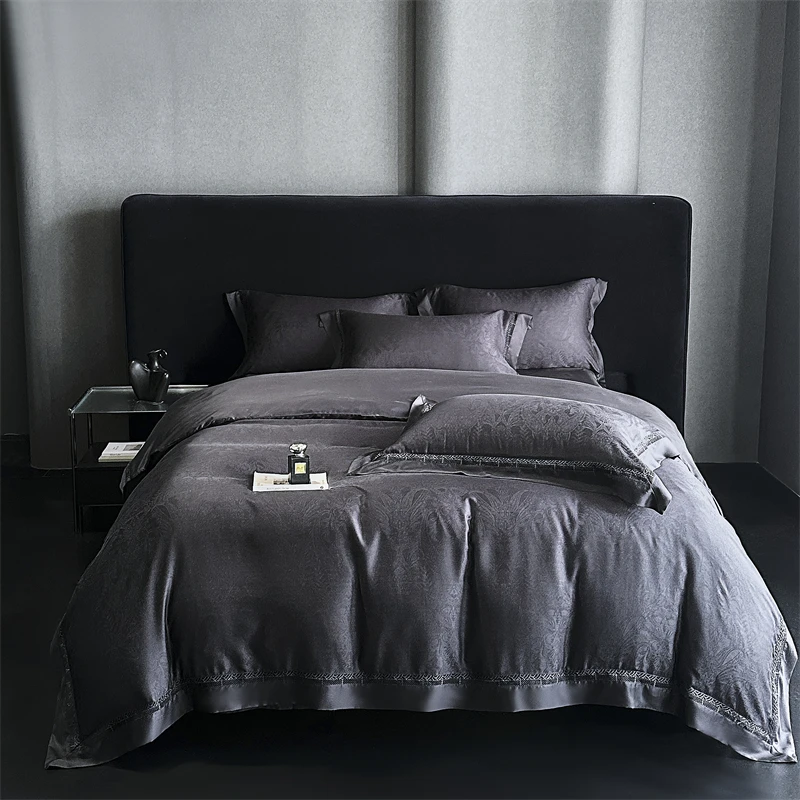 Luxury Charcoal Gray Jacquard Lyocell Bedding Set 4Pcs Silky Soft Duvet Cover Set with Lace Trim, Bed Linen for Queen King Size