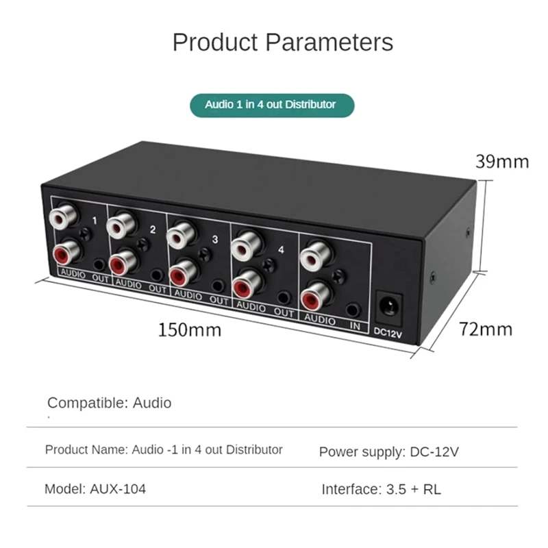 Audio Splitter 1 In 4 Out RCA L/R Aux Stereo Audio Splitter 1X4 Audio Distributor For PC DVD Speaker Splitte