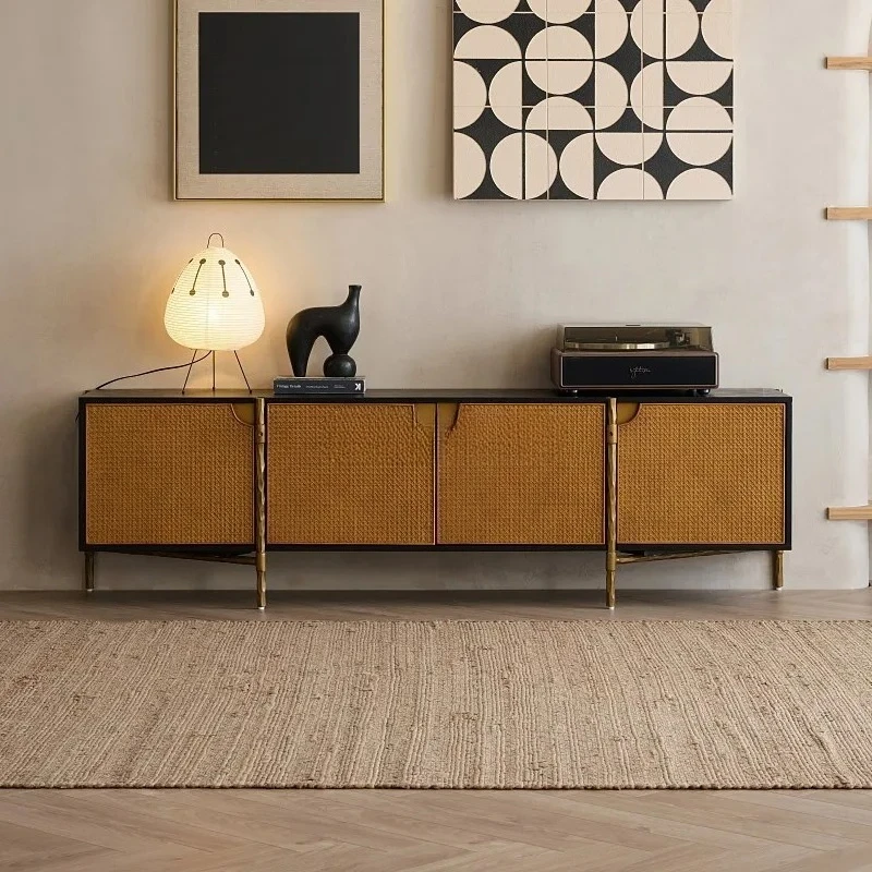 

Wabi Sandy Wind Modern Simple Forged Wrought Iron Oak TV Cabinet Antique Retro Old Rattan Weaving