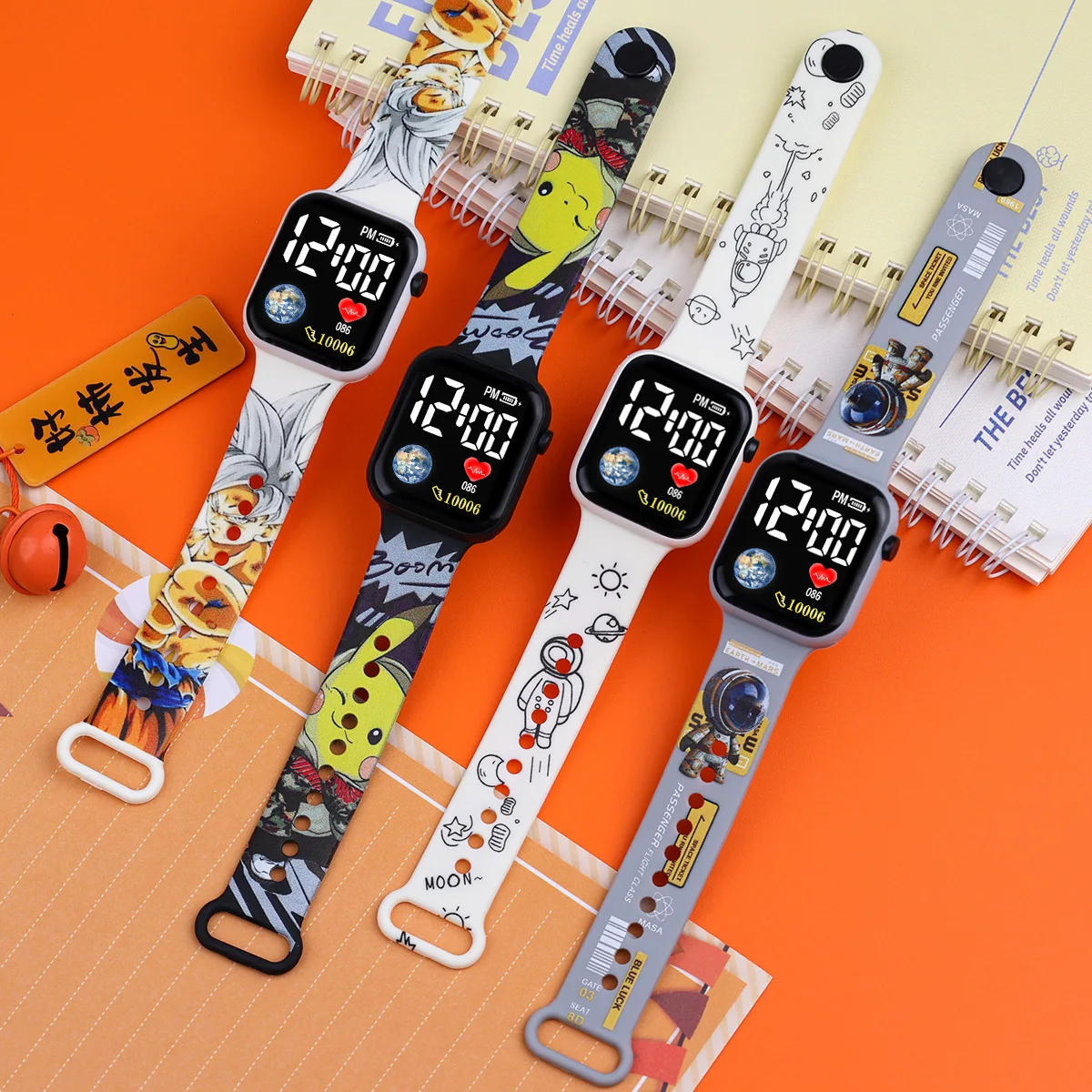 10pcs/lot Cartoon Printed Button LED Electric Watch for Girl Fashion Personality Printed Square Women Electronic Watches Gifts