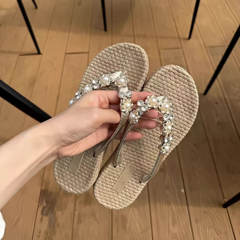 Sandalias Planas de Mujer con Pedrería y Perlas, Estilo Boho, con Cristales, Suela Tejida, Tallas Grandes, para Vacaciones y Playa
