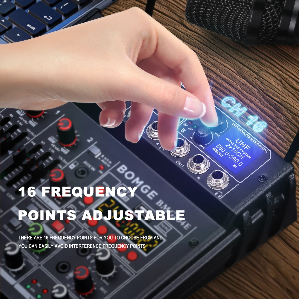 BOMGE 04E جهاز مزج الصوت للكاريوكي مع ميكروفون لاسلكي مزدوج UHF وحدة تحكم لوحة الصوت واجهة الصوت لتسجيل استوديو الحفلات #6