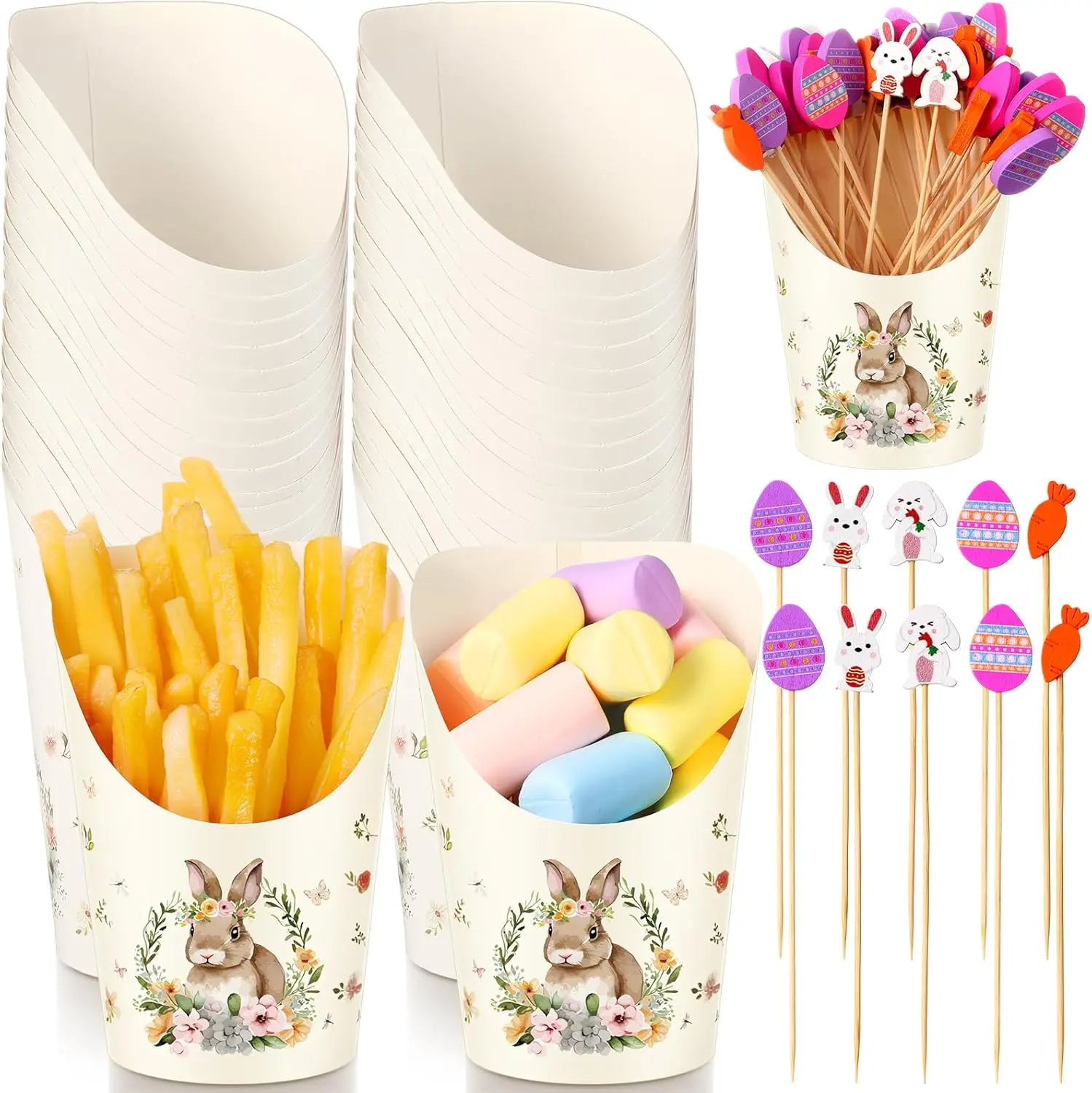 

250 Pcs Easter Bunny Charcuterie Snack Cups with Sticks Include 50 Pcs 14 oz Easter Party Paper Appetizer Cups 200 Pcs B