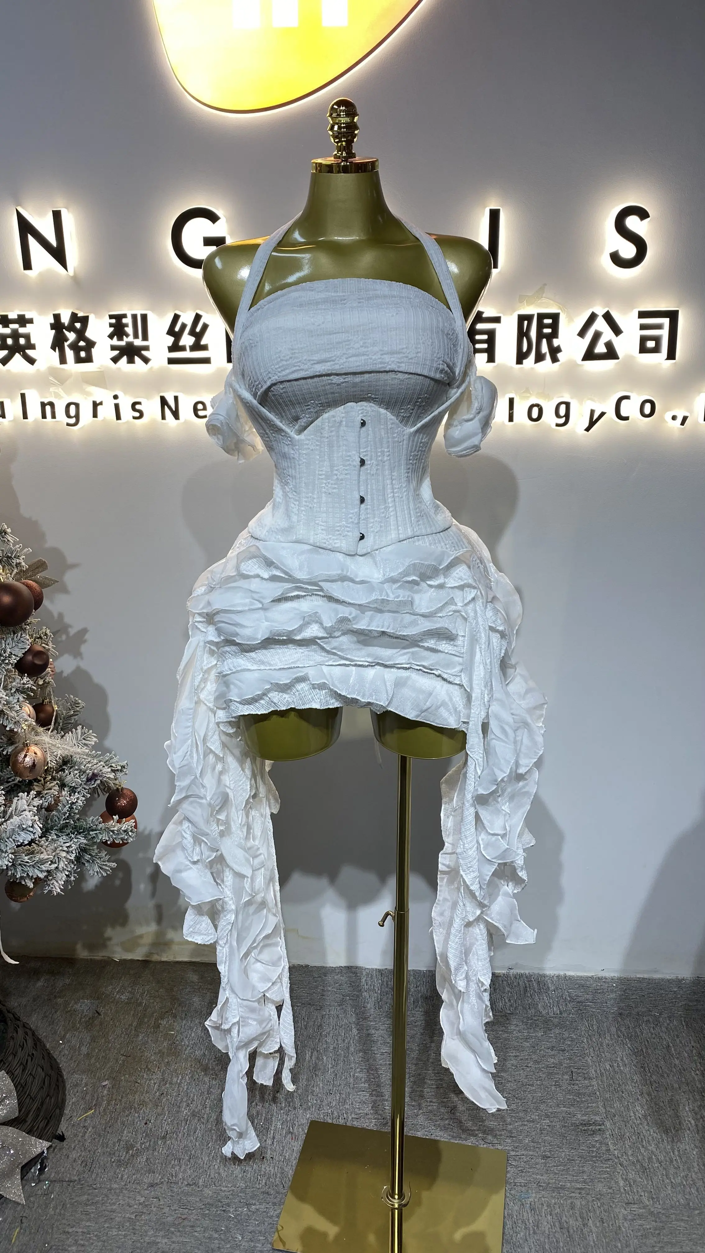 

Summer sexy backless neckline casual ruffled solid dress for vacation parties irregular tassels high quality-GZXX384