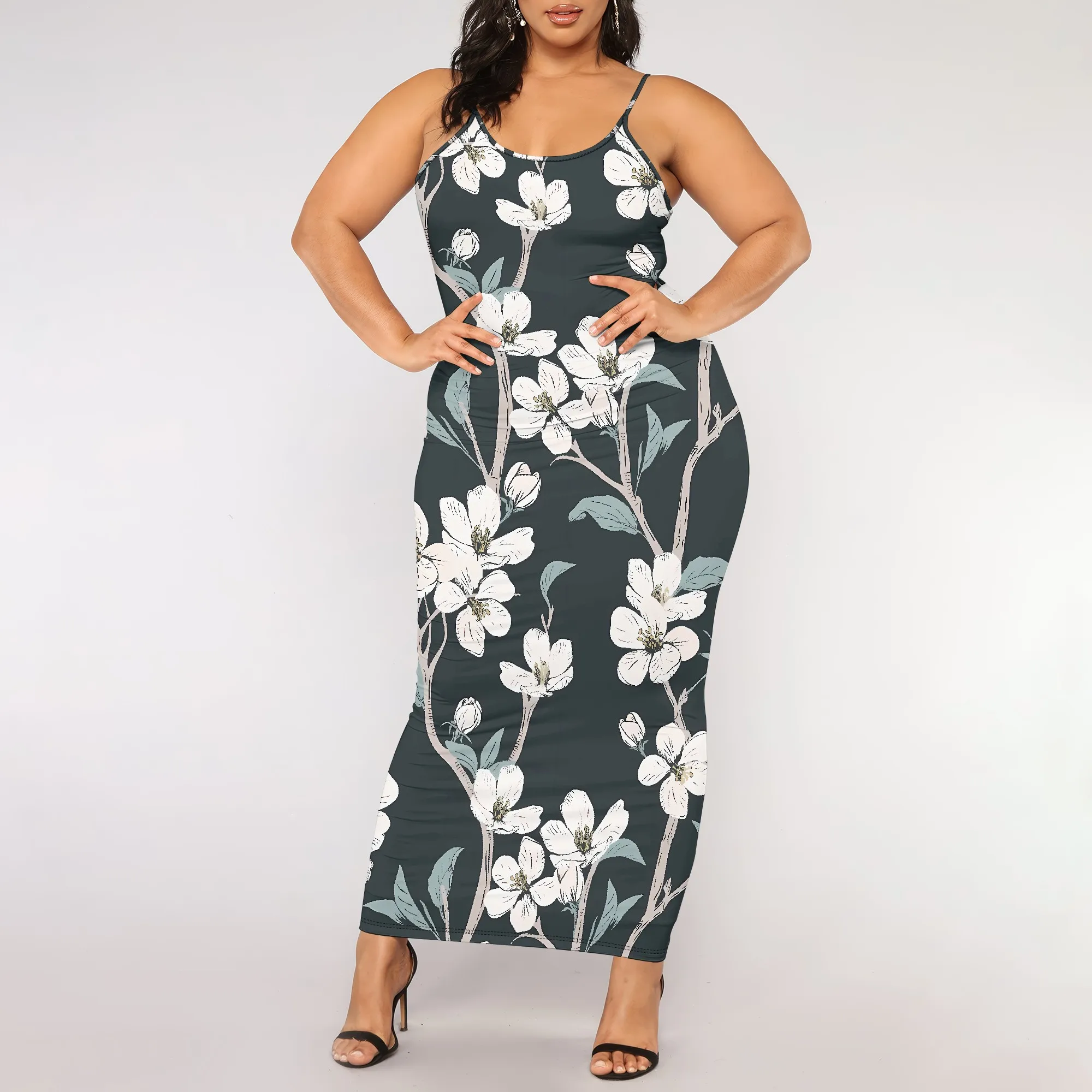 ชุดเดรสแม็กซี่เดรสขนาดบวกพร้อมเดรสลําลองแขนกุดพิมพ์ลายดอกไม้สีขาวฤดูร้อน