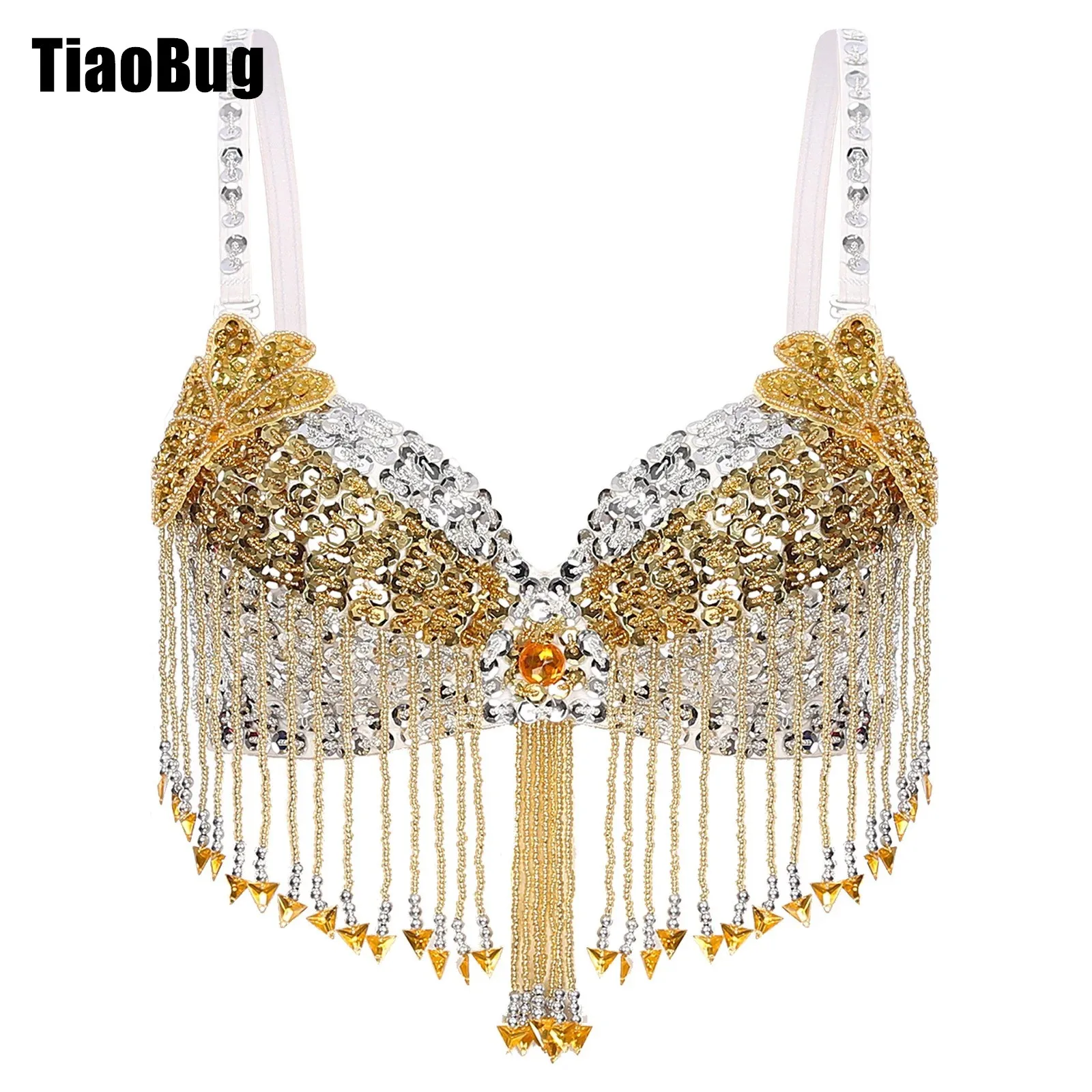 

Womens Sequins Tassels Belly Dance Tops Adjustable Straps Plastic Beaded Sparkly Underwired Bra for Halloween Performance