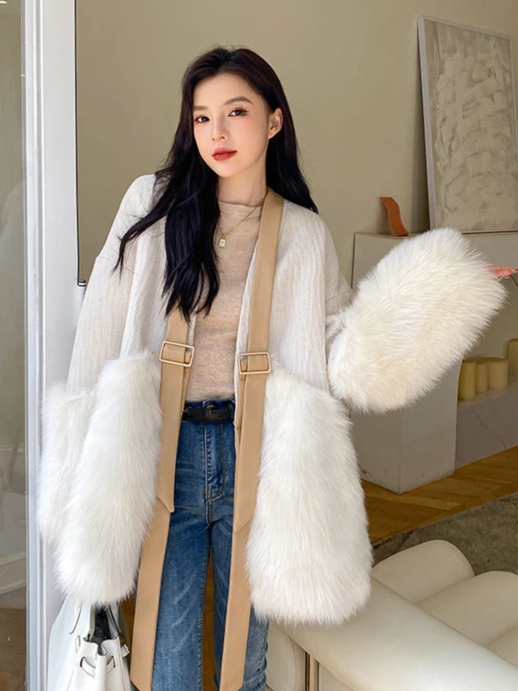 Faux Fur Coat Women 2024 Winter Thick Warm New Outerwear Female Casual Loose Long Sleeve Coats Fashion Patchwork Jacket