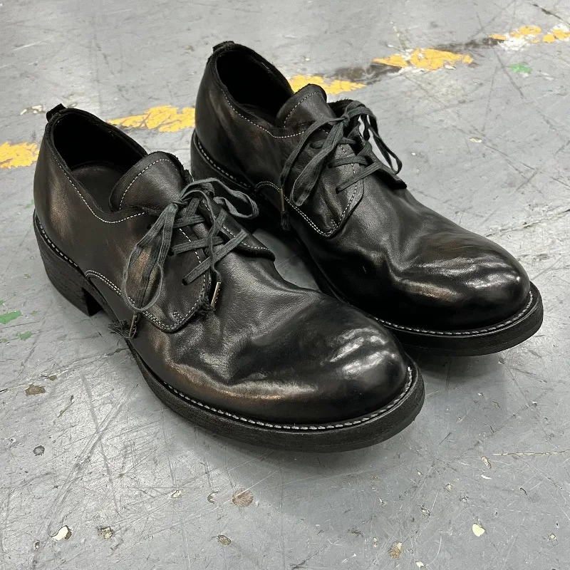 Men Black Wrinkled Washed Horsehide Derby Shoes Lace Up Hand Stitched Vintage Thick Sole Casual Dress Shoes