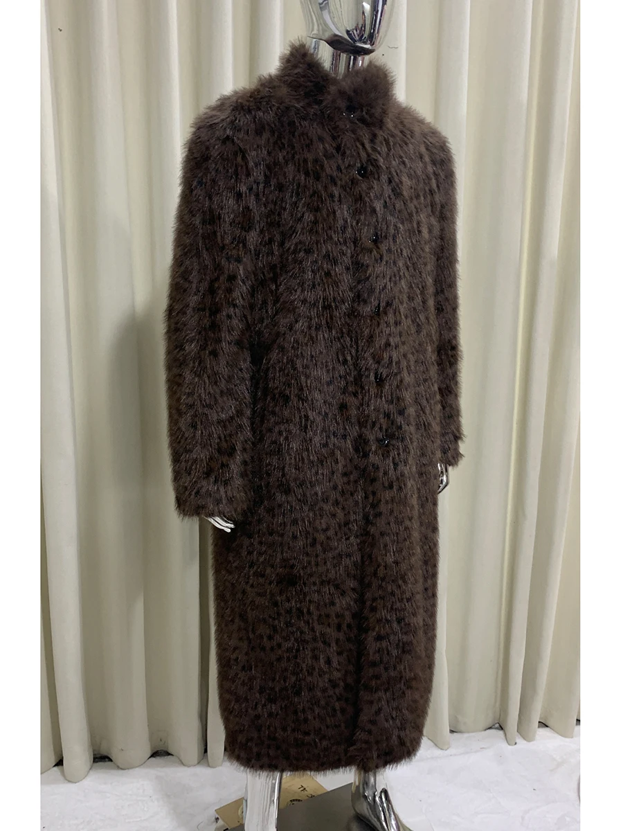 الخريف الشتاء طويل دافئ سميكة لينة رقيق الملونة ليوبارد طباعة فو الفراء معطف الرجال الفاخرة أنيقة شيك فروي معطف 2025