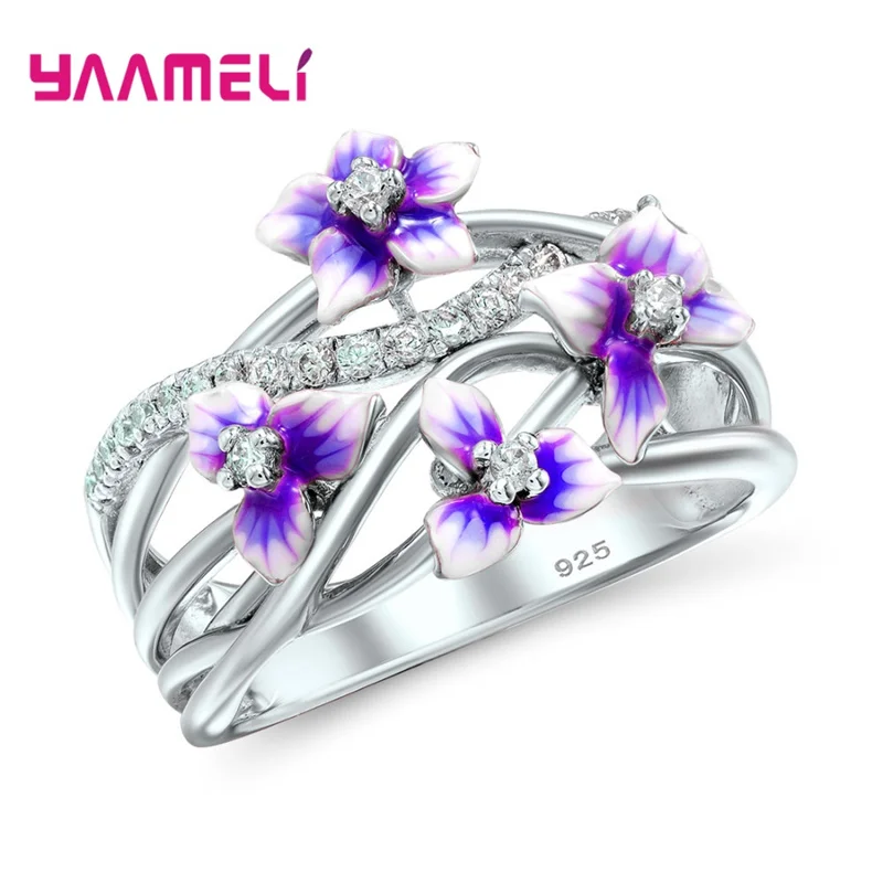New Fashion Jewelry 925 Sterling Silver Rings High Quality Enameled Matthiola Incana Cubic Zircon Charm Bague Bijoux