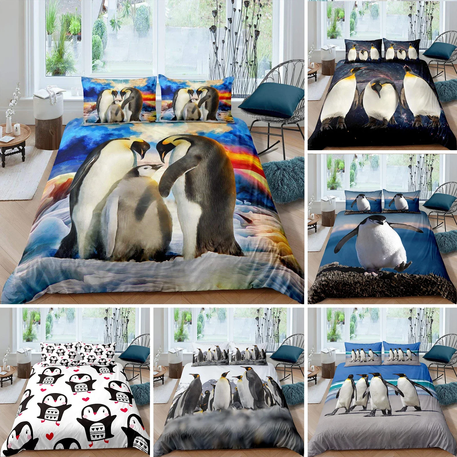 

Penguin Duvet Cover Set Antarctic Animals Bedding Set for Kids Boys Girls Cartoon Style King Size Winter Theme Comforter Cover