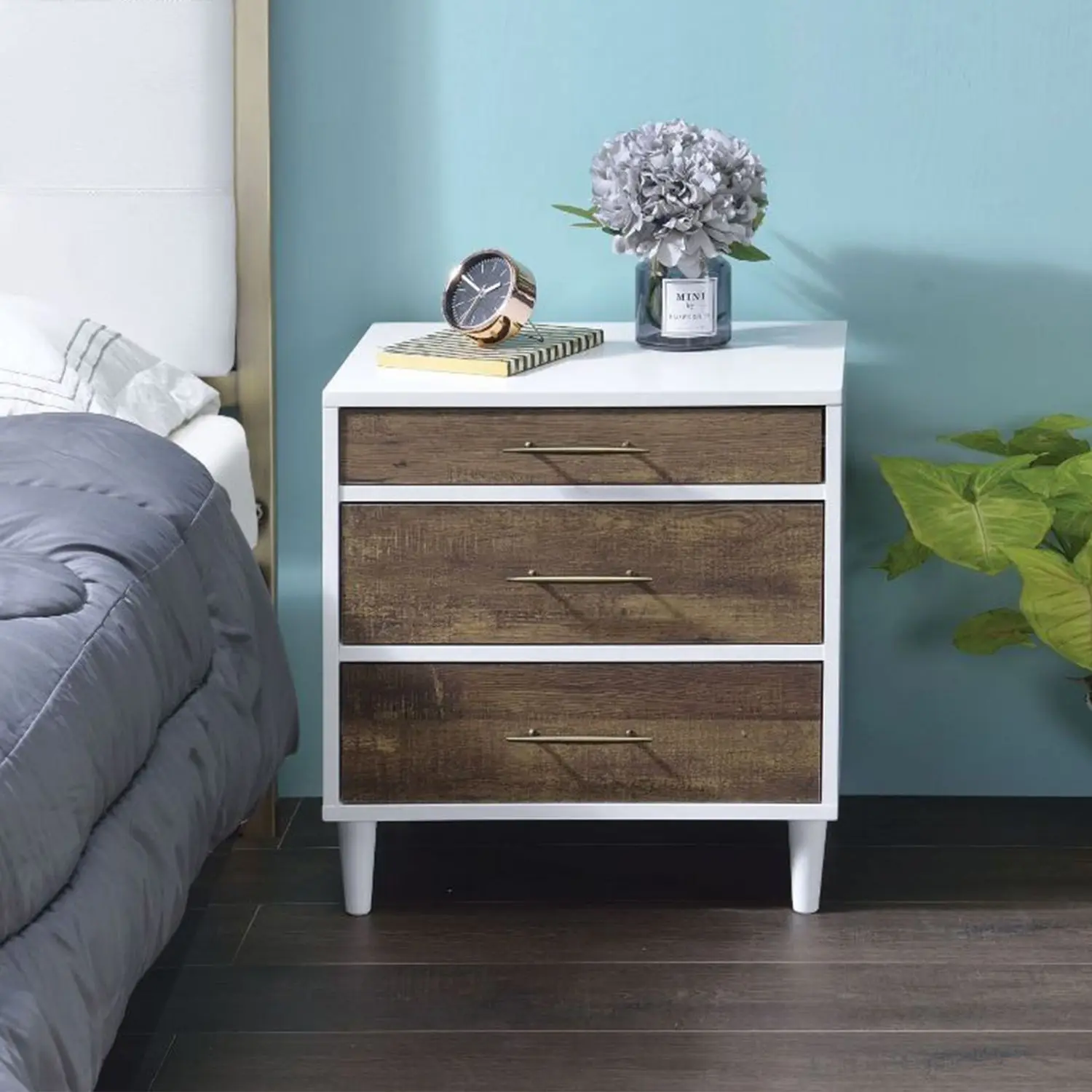 DB Modern Minimalist Luxury Nightstand With 3 Drawers Two-tone Finish In White And Weathered Oak For Apartment Use