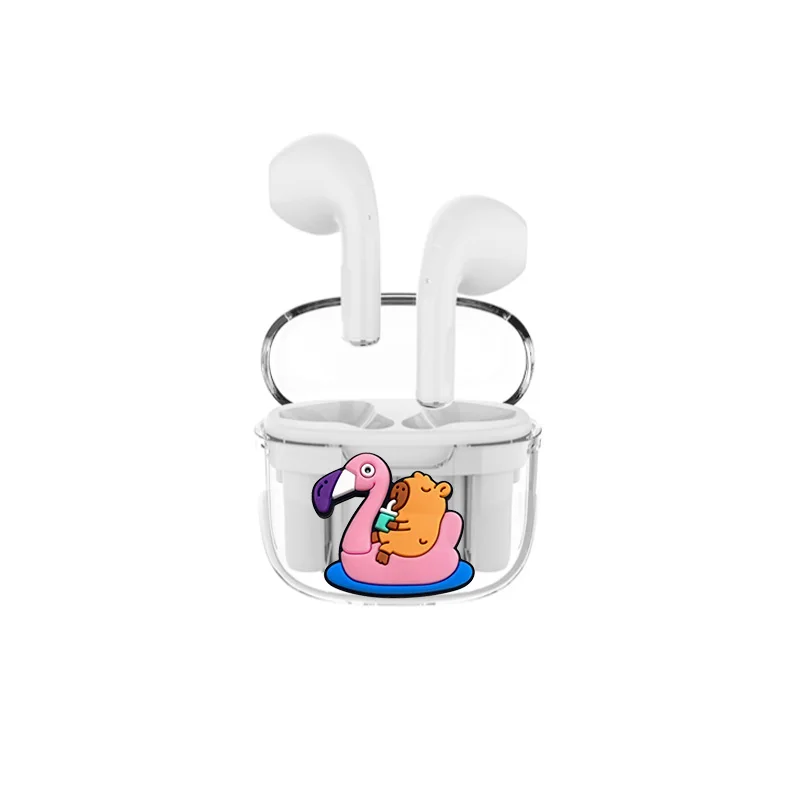 카툰 TWS 미니 2 무선 투명 화이트 블루투스 5.0 이어폰, 마이크 충전 케이스 포함, 핸즈프리, 신제품