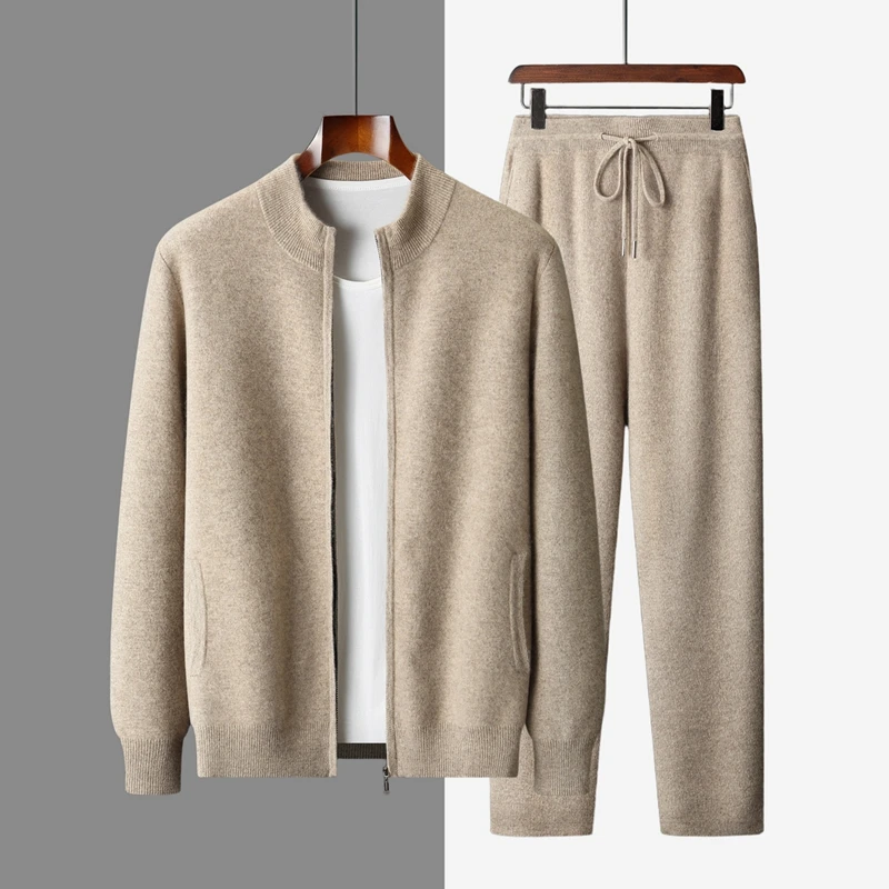 

Men Zipper Cardigan Lace-up Pants Suit Autumn Winter 100% Cashmere Sweater Pencil Trousers Elastic Waist Casual Thick Knit Tops