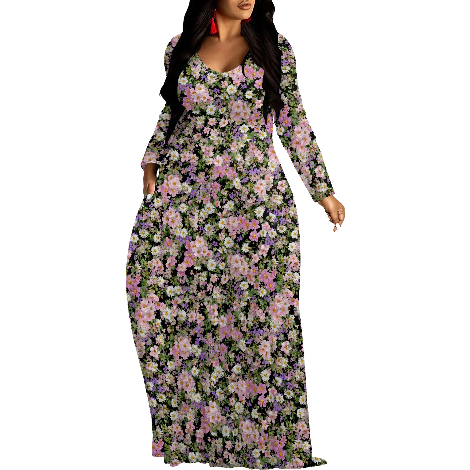 

Women's V Neck Maxi Dress Ruffles Full Sleeve Floral Dresses Wedding Guest Sundress with Belt