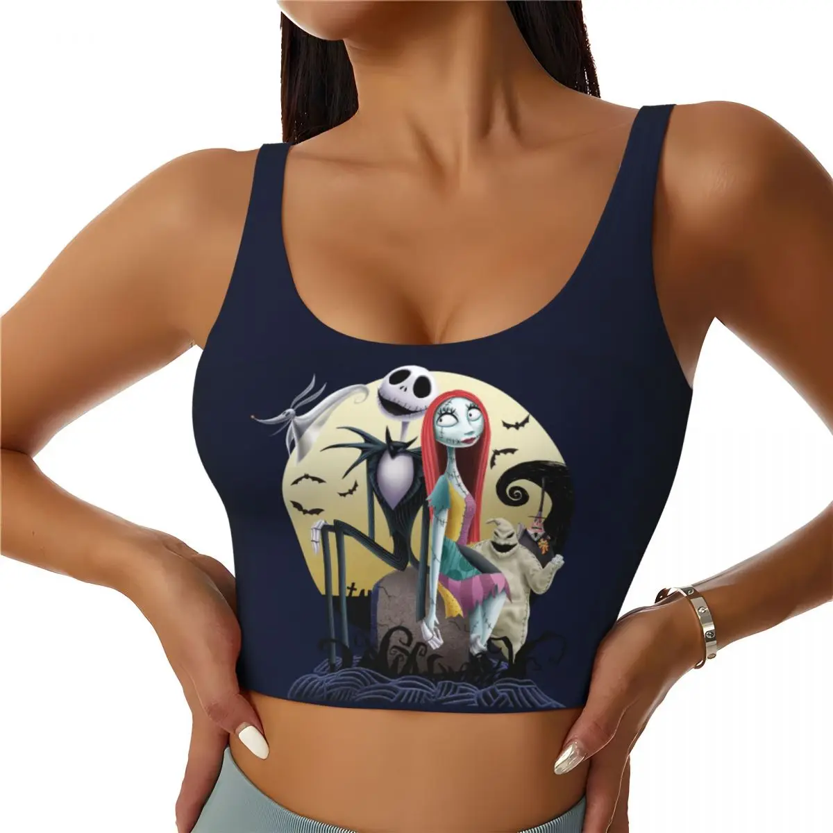 

Custom The Nightmare Before Christmas Sports Bra for Women Tim Burton Jack Night High Impact Workout Yoga Crop Top