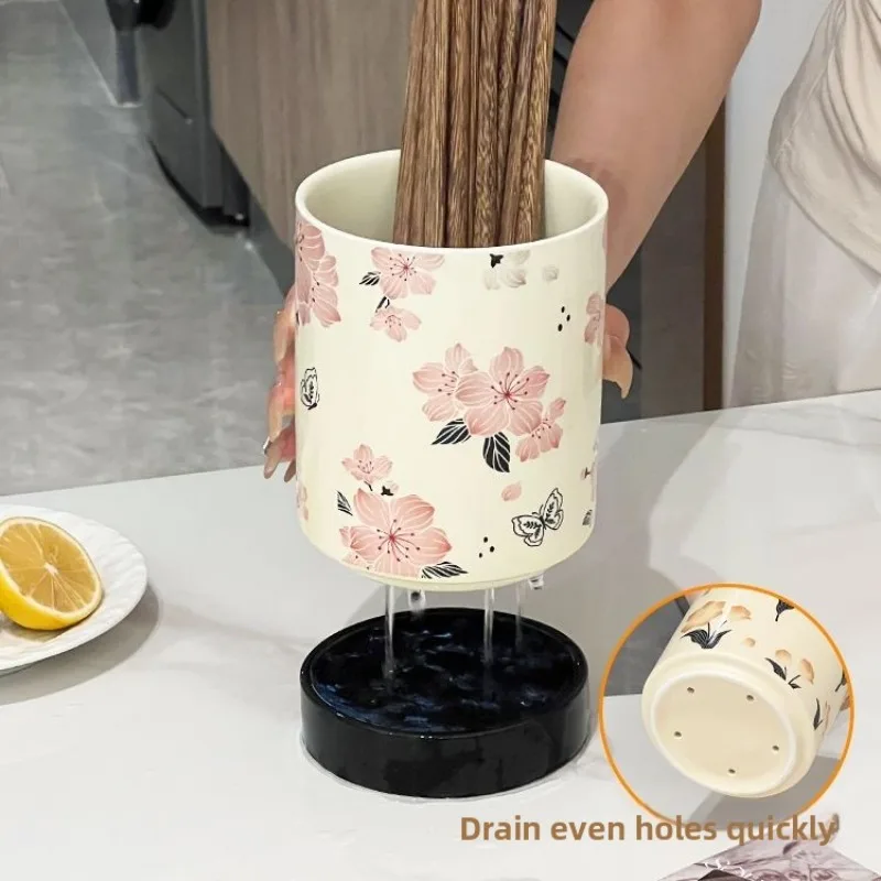 

Ancient Style Flowering Chopstick Tube,Ceramic Ventilated Drained Basket,Household Bucket,Anti-mildew Spoon Fork Storage Tube