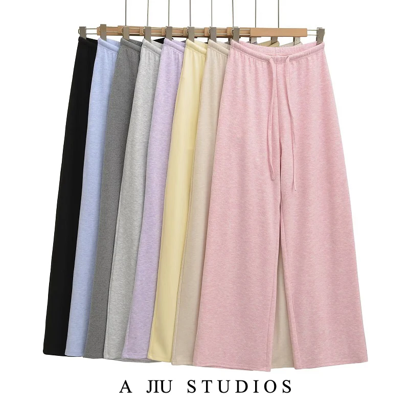 American Retro High Waist Slim Straight Leg Pants Women's Casual Dstring Wide Leg Floor-Length Trousers Street Sle