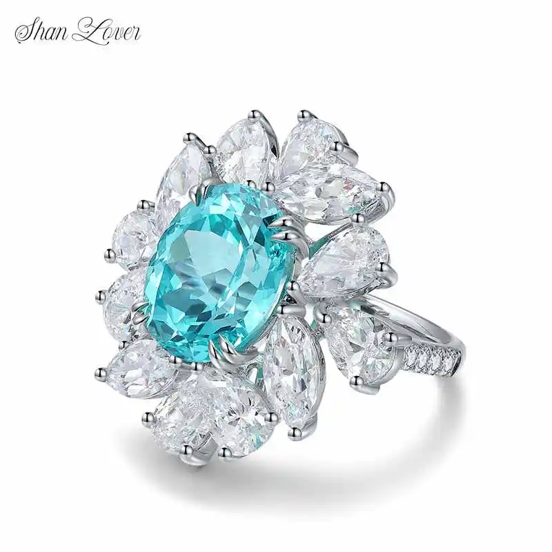 

﻿ShanLover Brand Simple Flower S925 Sterling Silver Oval Shaped Cultivated Stone Lab Grown Gemstones Ring for Women