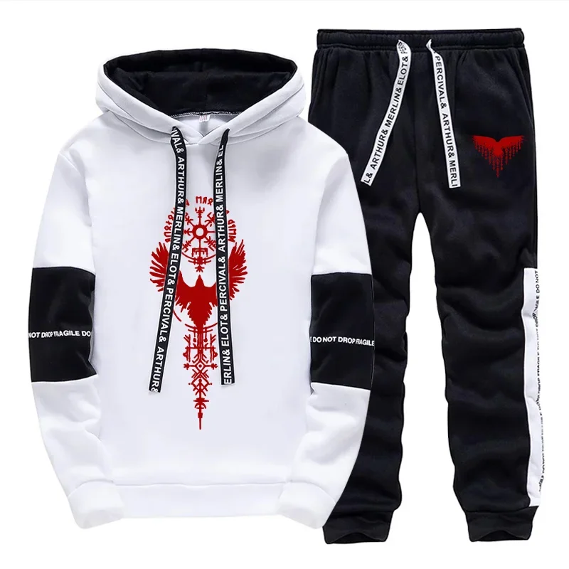 

2025 Urban Fashion Street Style Hoodie Sportswear Viking Raven Mens Sweatshirt Sweatpants Autumn Winter Casual Sporty Jogger Set